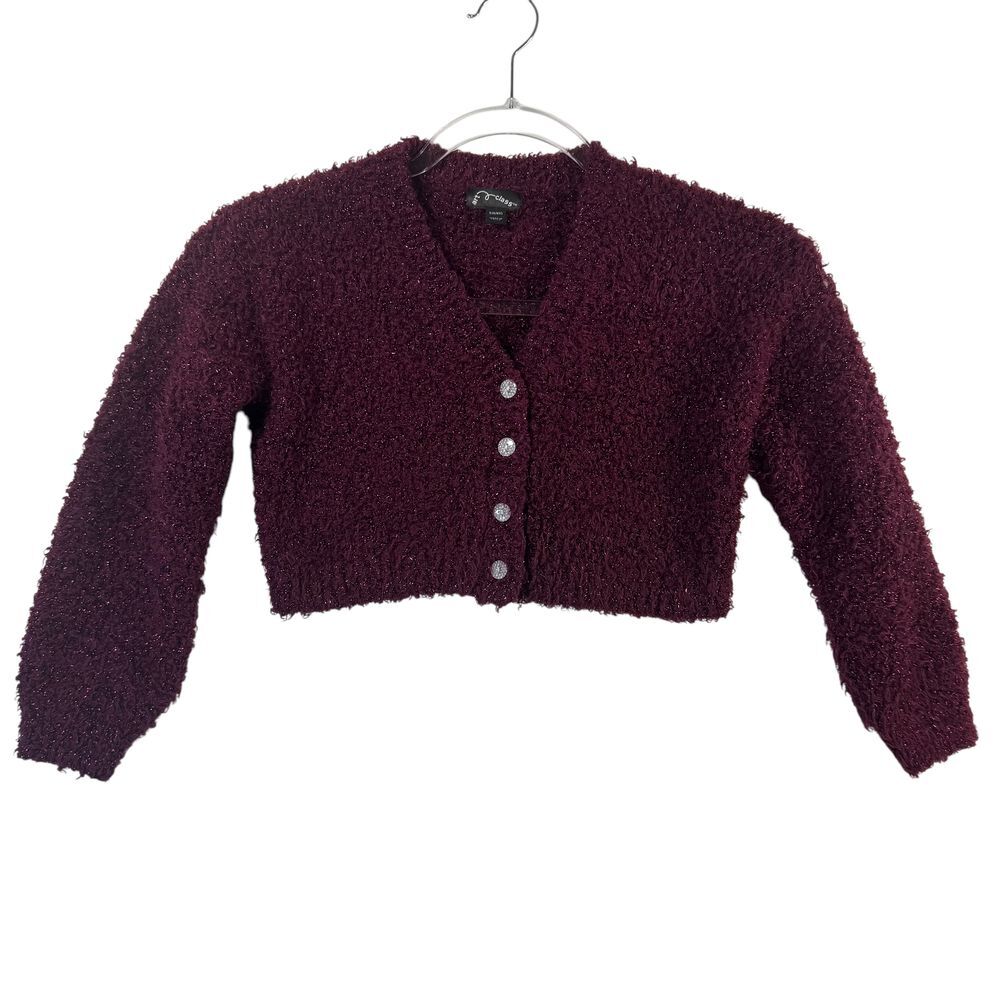 No Class Kids Burgundy‎ Fuzzy Cropped Cardigan Sweater Sparkle Buttons S(6/6X)